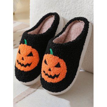 

Halloween Cartoon Pumpkin Warm Fluffy Slippers, Black