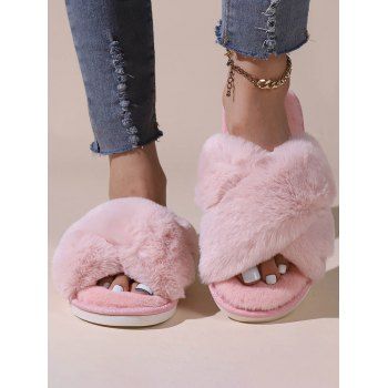

Crossover Flat Slip On Fluffy Slippers, Light pink