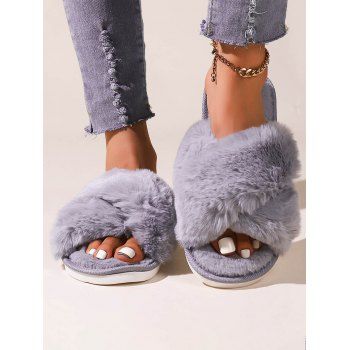 

Crossover Flat Slip On Fluffy Slippers, Gray