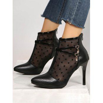 

Heart Pattern Pointed Toe Mesh Patchwork High Heel Boots, Black