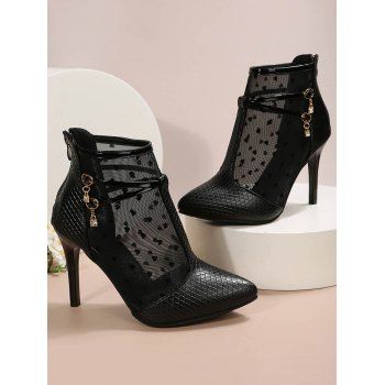 Heart Pattern Pointed Toe Mesh Patchwork High Heel Boots