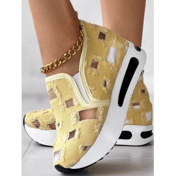 

Breathable Frayed Slip On Chunky Heel Shoes, Yellow