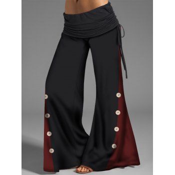 

Colorblock Wide Leg Pants Cinched Ruched Foldover Casual Flare Pants, Black