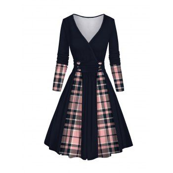 

Plaid Print Colorblock Surplice Dress V Neck Long Sleeve Casual Dress, Black