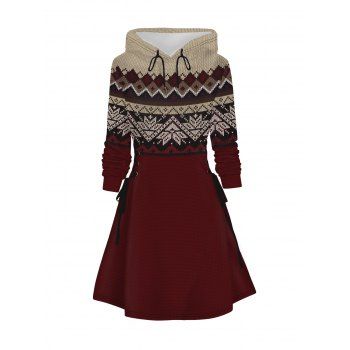 

Ethnic Print Hoodie Dress Lace Up A Line Casual Mini Dress, Deep red