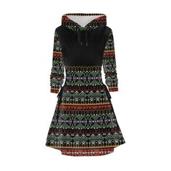 

Ethnic Print Vintage Hoodie Dress Lace Up Long Sleeve Casual A Line Mini Dress, Black