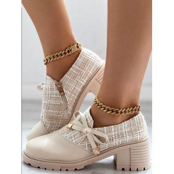 Retro British Style Tweed Patch Bowknot Chunky Heel Loafers