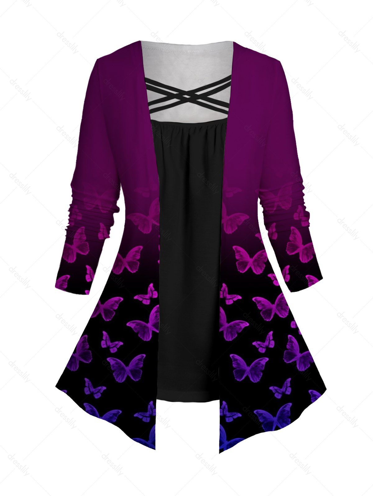 Dresslily Fashion Women Plus Size Butterfly Print Top Ombre Crisscross Faux Twinset Top Clothing L / us 12 Multicolor a