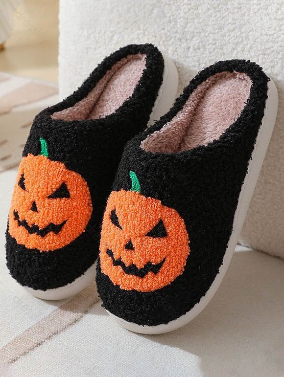 Halloween Cartoon Pumpkin Warm Fluffy Slippers - Noir EU (42-43)