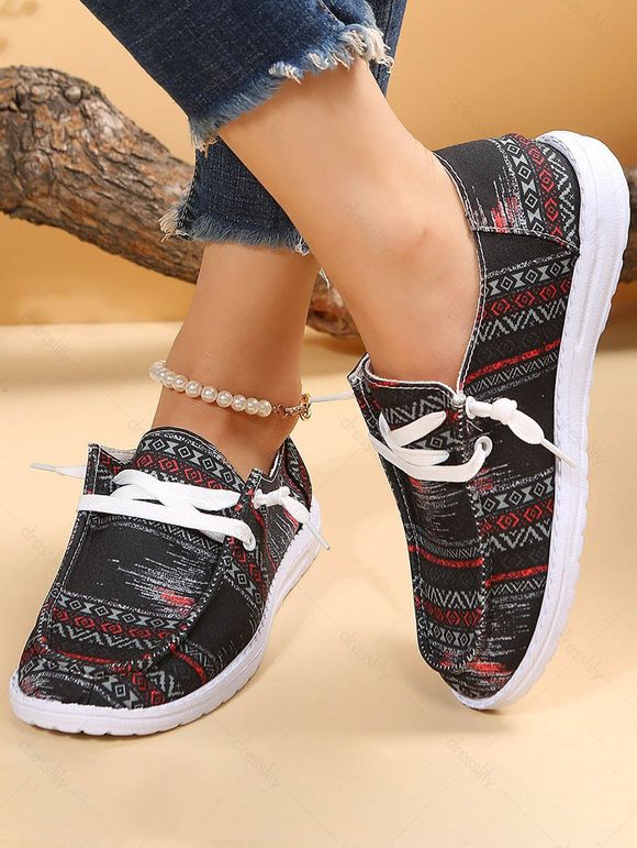 Tribal Allover Print Lace Up Slip On Flat Canvas Shoes - Noir EU 40