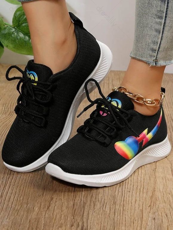 Rainbow Heart Pattern Lace Up Breathable Sport Shoes - Noir EU 37