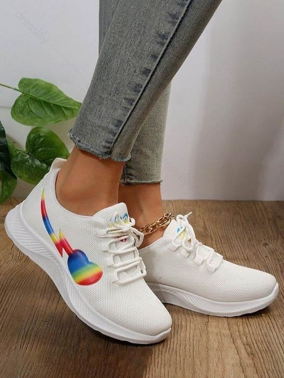 Rainbow Heart Pattern Lace Up Breathable Sport Shoes - Blanc EU 41