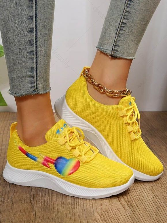 Rainbow Heart Pattern Lace Up Breathable Sport Shoes - YELLOW EU 43