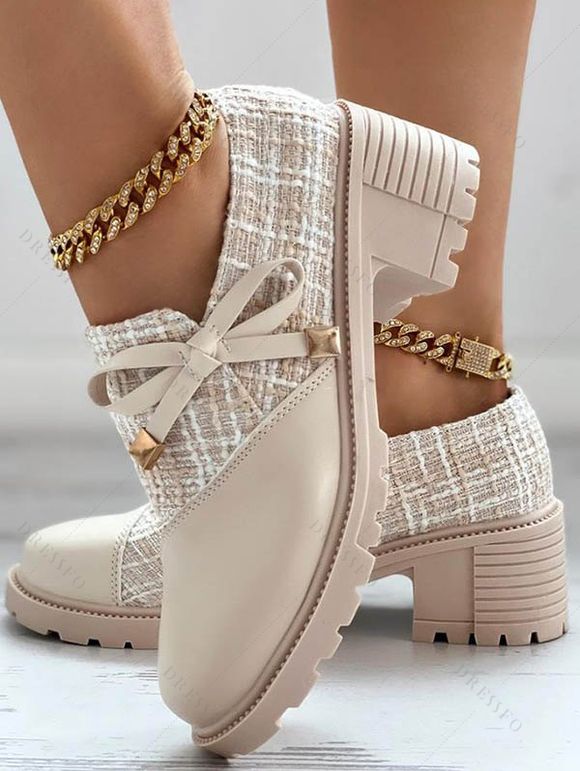 Retro British Style Tweed Patch Bowknot Chunky Heel Loafers - multicolor A EU 38