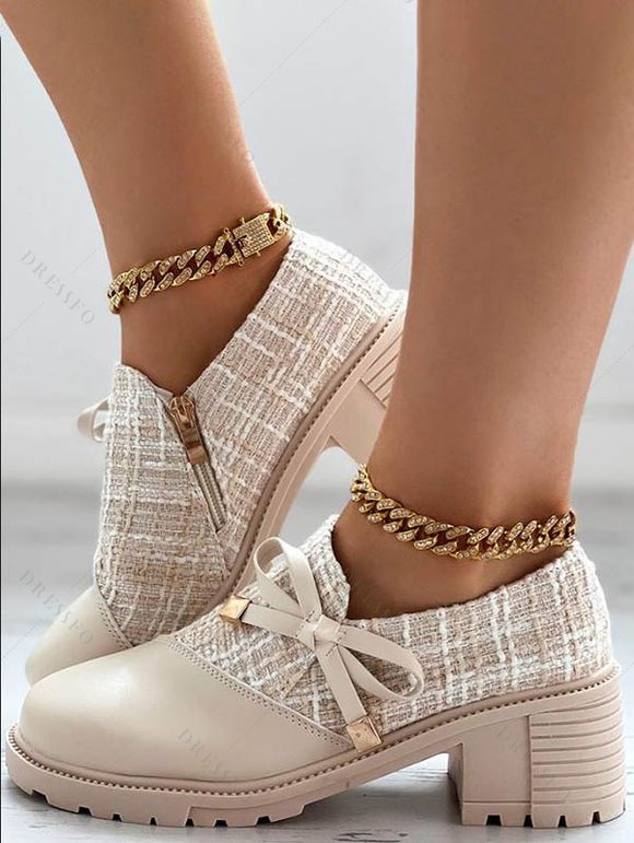 Retro British Style Tweed Patch Bowknot Chunky Heel Loafers - multicolor A EU 38