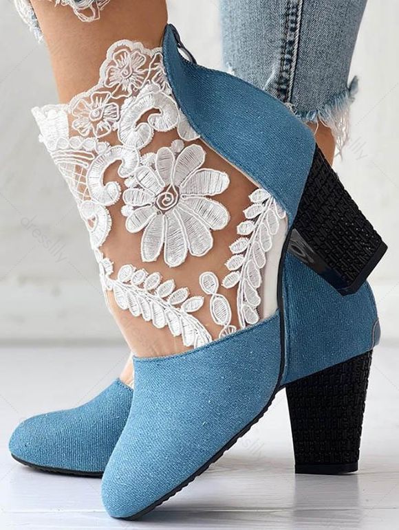 Plant Embroidery Sheer Mesh Zip Back Boots - Bleu EU 43