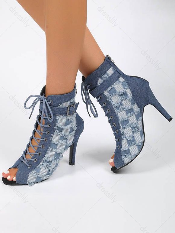 Plaid Pattern Lace Up Frayed High Heel Denim Boots - Bleu EU 42