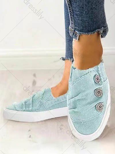 Mock Button Slip On Flat Canvas Shoes - Bleu clair EU 42