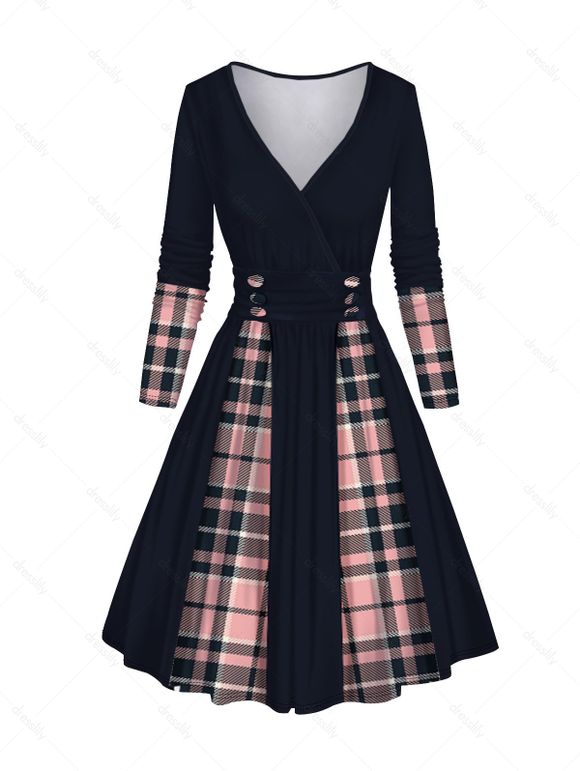 Robe Décontractée Superposée à Carreaux Imprimée Manches Longues à Col V - Noir XL | US 10