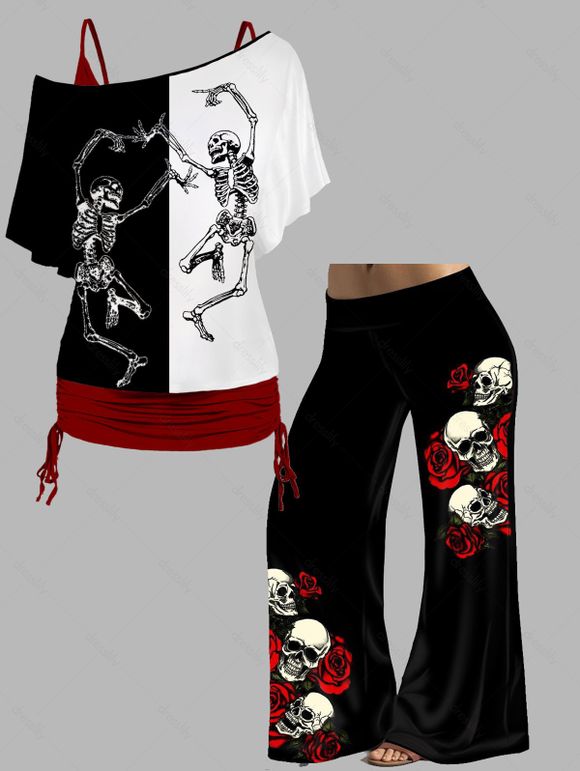 Plus Size Halloween Skeleton Print Cinched Tops and Rose Print Wide Leg Pants Outfit - multicolor A L | US 12