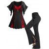 Plus Size Colorblock Lace Up Gothic Top and Lace Patchwork Flare Pants Outfit - BLACK L | US 12