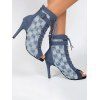 Plaid Pattern Lace Up Frayed High Heel Denim Boots - Bleu EU 43