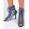 Plaid Pattern Lace Up Frayed High Heel Denim Boots - Bleu EU 36
