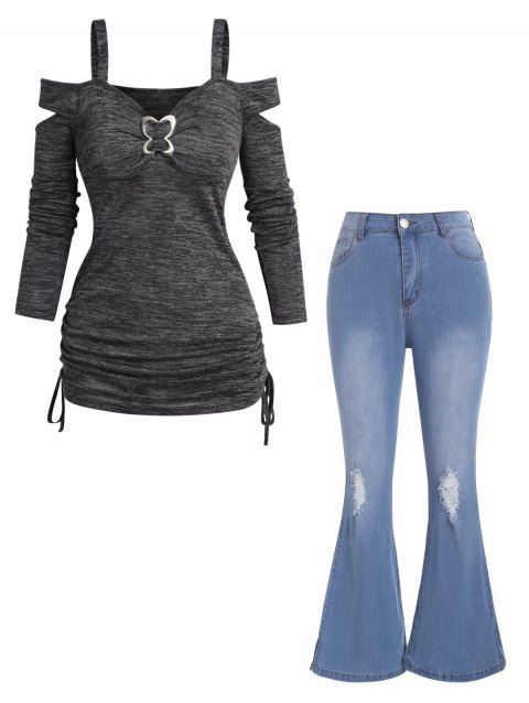 Cold Shoulder Cinched Heathered Cut Out Long Sleeve Top And Ripped Light Wash Flare Jeans Outfit