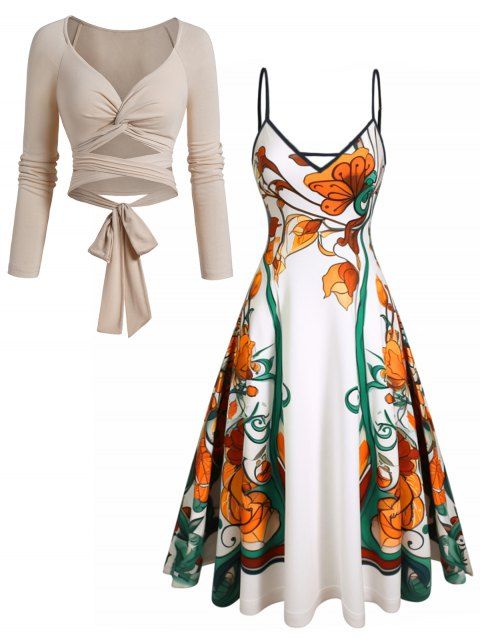 Twist Front Tie Back Long Sleeve Top And Flower Print V Neck Spaghetti Strap Midi Dress Outfit