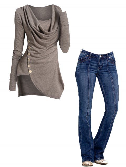 Mock Button Asymmetric Hem Cowl Neck Long Sleeve T-shirt And Topstitching Pockets Zipper Fly Long Flare Jeans Outfit