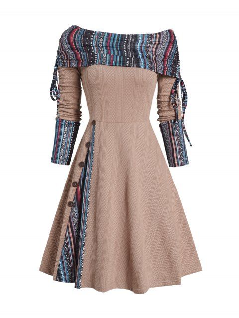 Convertible Neck Cinched Textured Knit Dress Tribal Pattern Print Panel Mock Button A Line Dress