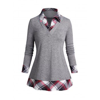 

Heathered Contrast Trim Half Zip Top Check Print Turn Down Collar Casual Top, Gray