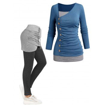 

Ruched Mock Button Long Sleeve Faux Twinset Top And Crossover Drawstring Skirted Leggings Outfit, Multicolor