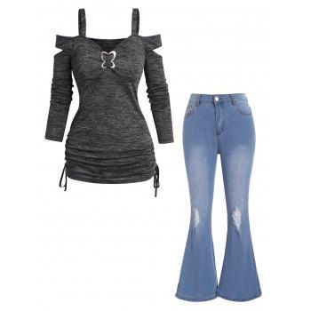 

Cold Shoulder Cinched Heathered Cut Out Long Sleeve Top And Ripped Light Wash Flare Jeans Outfit, Multicolor