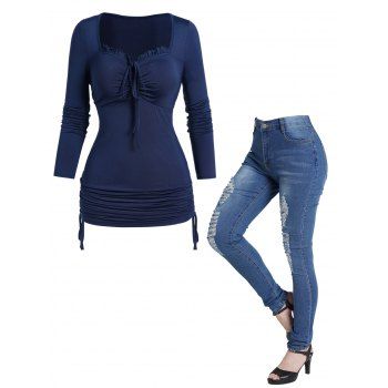 

Cinched Side Ruffles Trim Tie Front Sweetheart Collar Casual Top And Destroy Wash Long Pencil Jeans Outfit, Multicolor