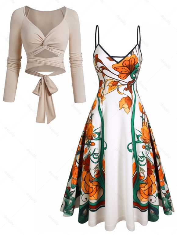 Robe Mi-Longue Plissée Fleur Imprimée Tordue en Avant à Manches Longues à Col V - multicolor S
