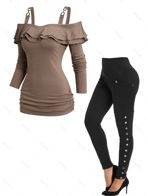 T-shirt Moulant Superposé à Epaule Dénudée à Manches Longues à Volants - multicolor S