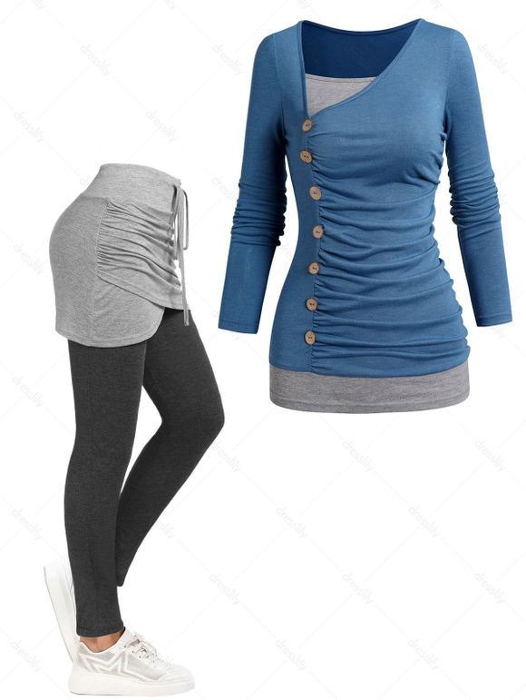 Haut Croisé Plissé à Manches Longues avec Bouton à Cordon - multicolor S