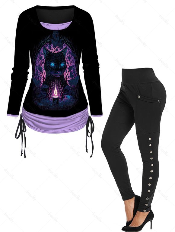 Halloween Cat Print Colorblock Cinched Long Sleeve Faux Twinset Top And High Rise Snap Button Leggings Outfit - multicolor S