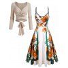 Robe Mi-Longue Plissée Fleur Imprimée Tordue en Avant à Manches Longues à Col V - multicolor S