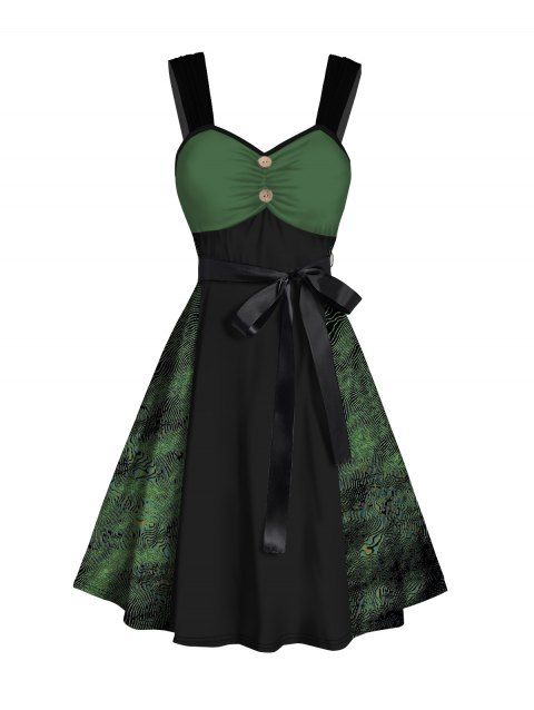 Contrast Colorblock Panel Belted Mini Dress Mock Button Ruched Sleeveless A Line Dress