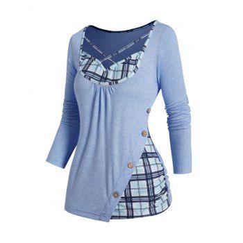 

Check Print Patchwork Top Crisscross Mock Button Casual Top, Light blue