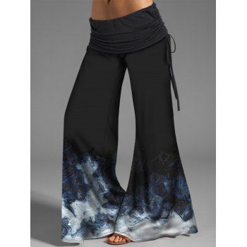 

Marble Print Cinched Foldover Wide Leg Pants Long Casual Loose Pants, Black