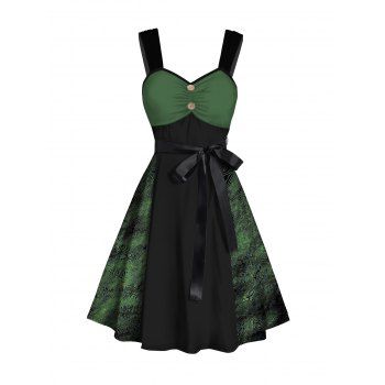 

Contrast Colorblock Panel Belted Mini Dress Mock Button Ruched Sleeveless A Line Dress, Deep green