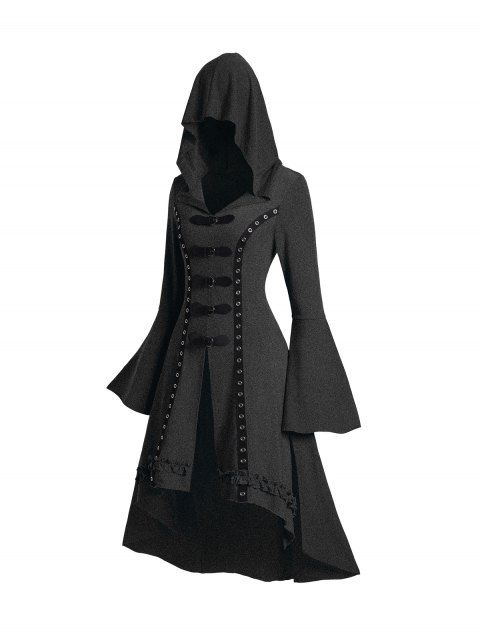 Grommet Gothic Hooded Top High Low Hem Buckle Flare Sleeve Frilled Top
