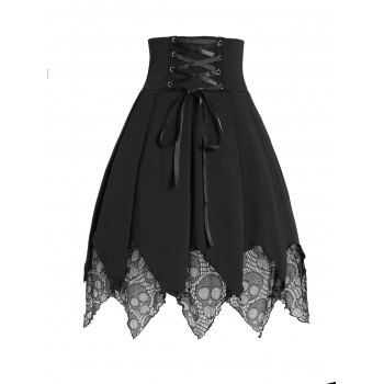 

Halloween Gothic Skull Pattern Lace Up Skirt Plain Color Handkerchief Hem High Waist Skirt, White