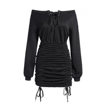 

Off The Shoulder Lace Up Cinched Mini Dress Ruched Solid Color Long Sleeve Dress, Black