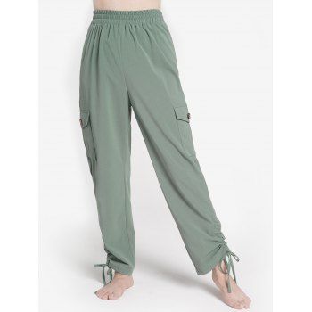 

Side Cinched Flap Pocket Pants Plain Color Elastic Waist Cargo Pants, Light green