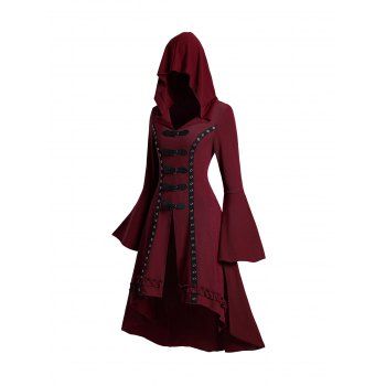 

Grommet Gothic Hooded Top High Low Hem Buckle Flare Sleeve Frilled Top, Deep red