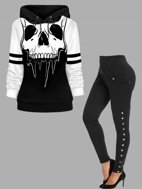 Halloween Skull Print Women Hoodie And High Rise Pocket Snap Button Leggings Outfit